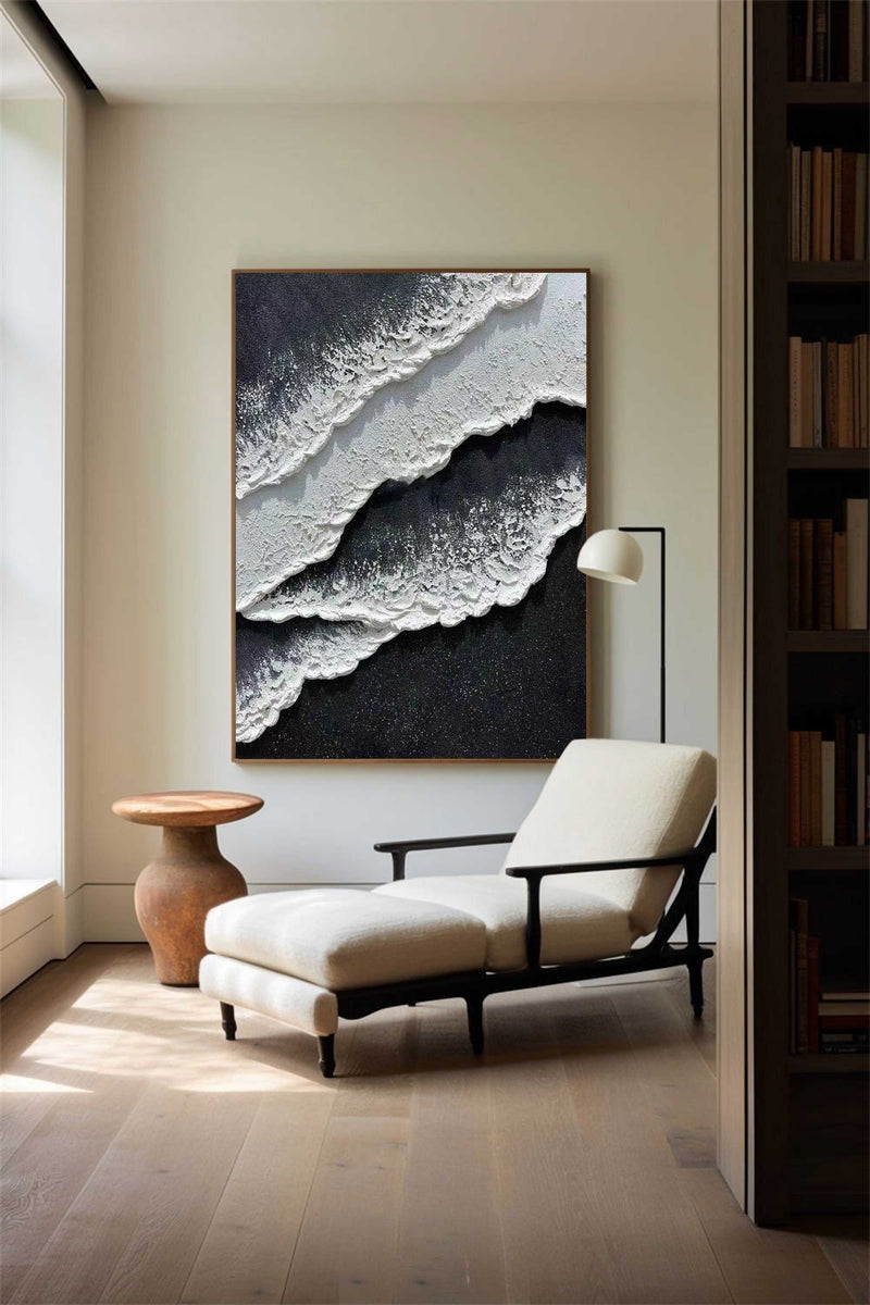 Black And White Plaster Painting Black Seashore Wall Art Painting Plaster Textured Art Painting