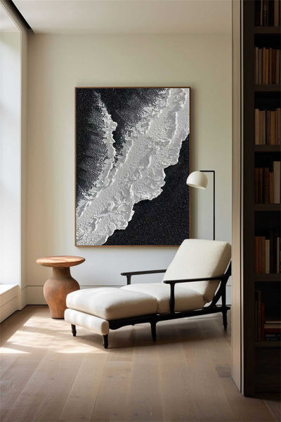 Black And White Plaster Painting Black Seashore Wall Art Painting Plaster Textured Art Painting