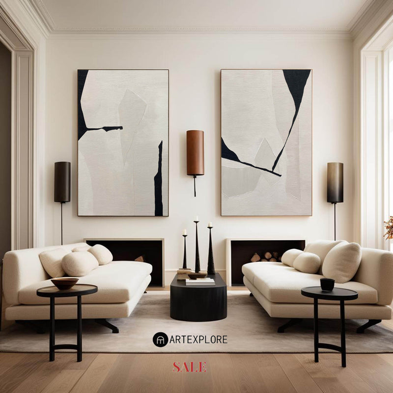 Wabi-Sabi Beige And Black Diptych Painting Set Of 2 Beige Minimalist Art Abstract Canvas Wall Art