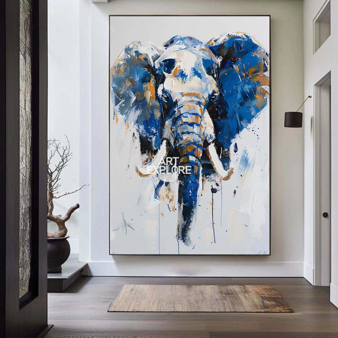 Modern Animal Elephant Canvas Painting Blue Elephant Abstract Painting Wall Art For Home Decor