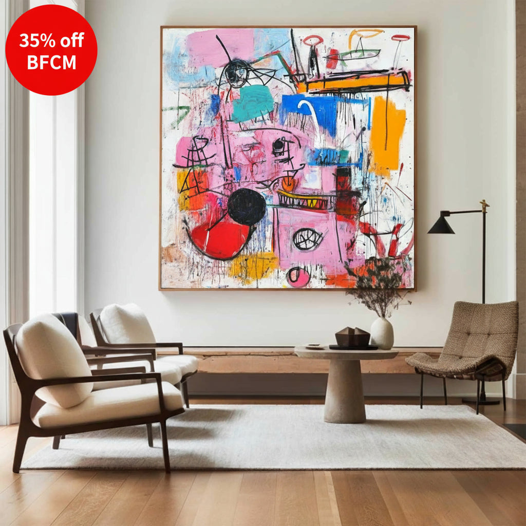 Modern Colorful Graffiti Paintings Basquiat Painting Square Handmade Wall Art For Sale