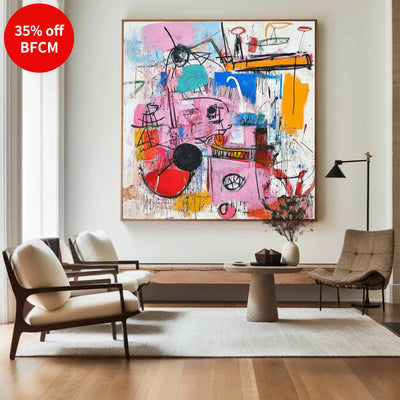 Modern Colorful Graffiti Paintings Basquiat Painting Square Handmade Wall Art For Sale