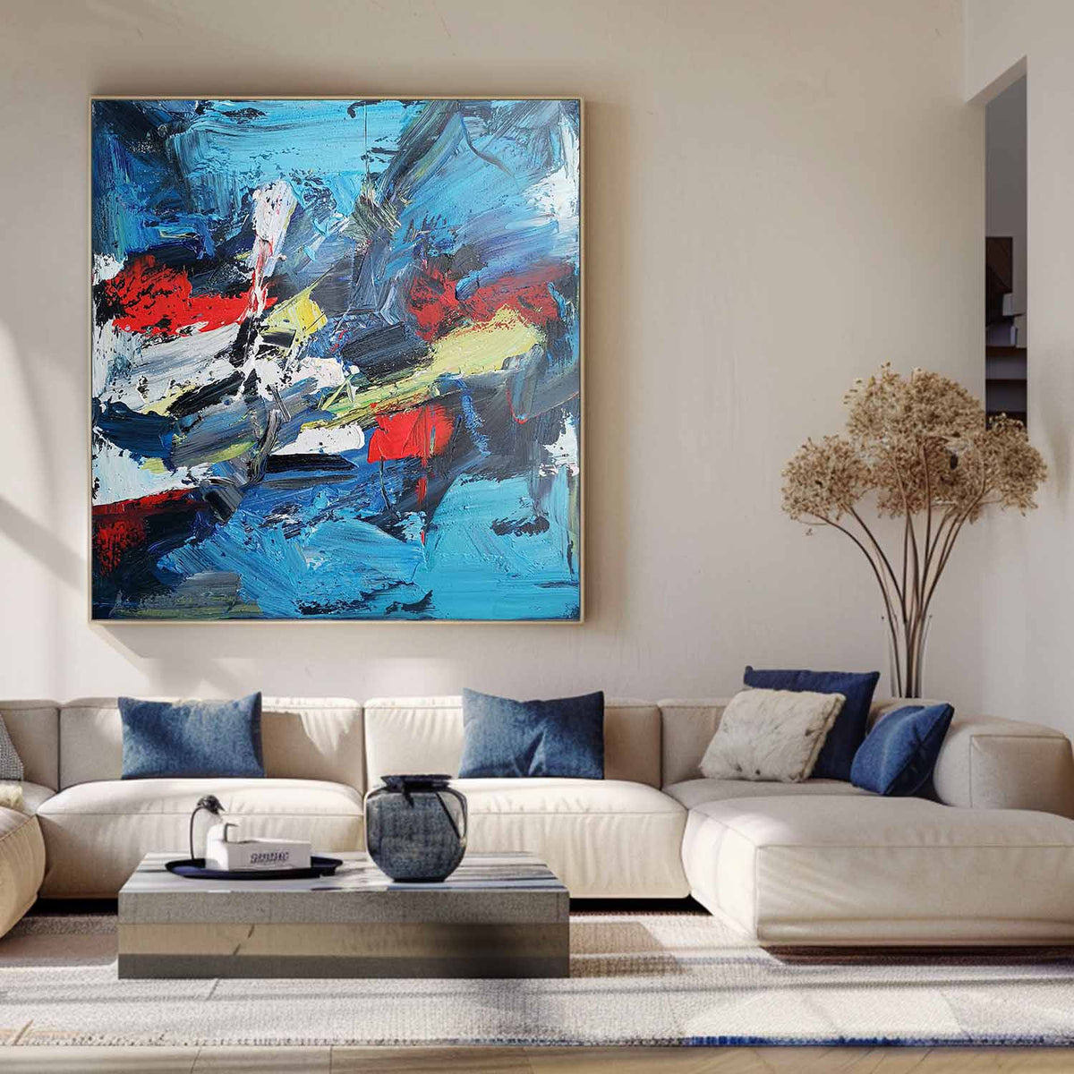 Blue Bauhaus Painting Modern Large Blue Square Abstract Wall Art Canvas Wall Art For Livingroom