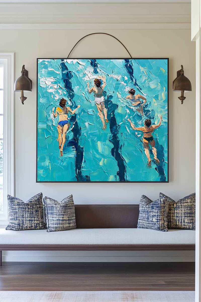 Blue Swimming Painting Swimming Girl Textured Wall Art Modern Sport Textured Painting For Hallway