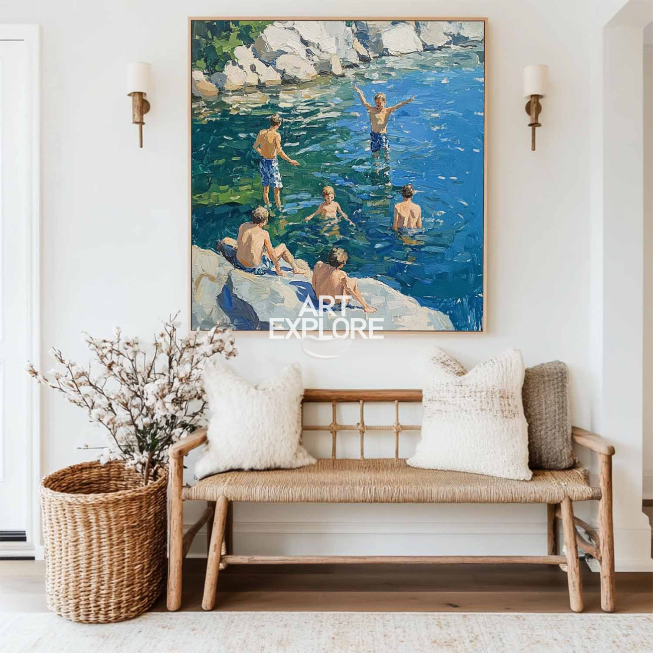 Large Swim and Play Wall Art Blue Home Party Textured Wall Art Swim Painting For Livingroom