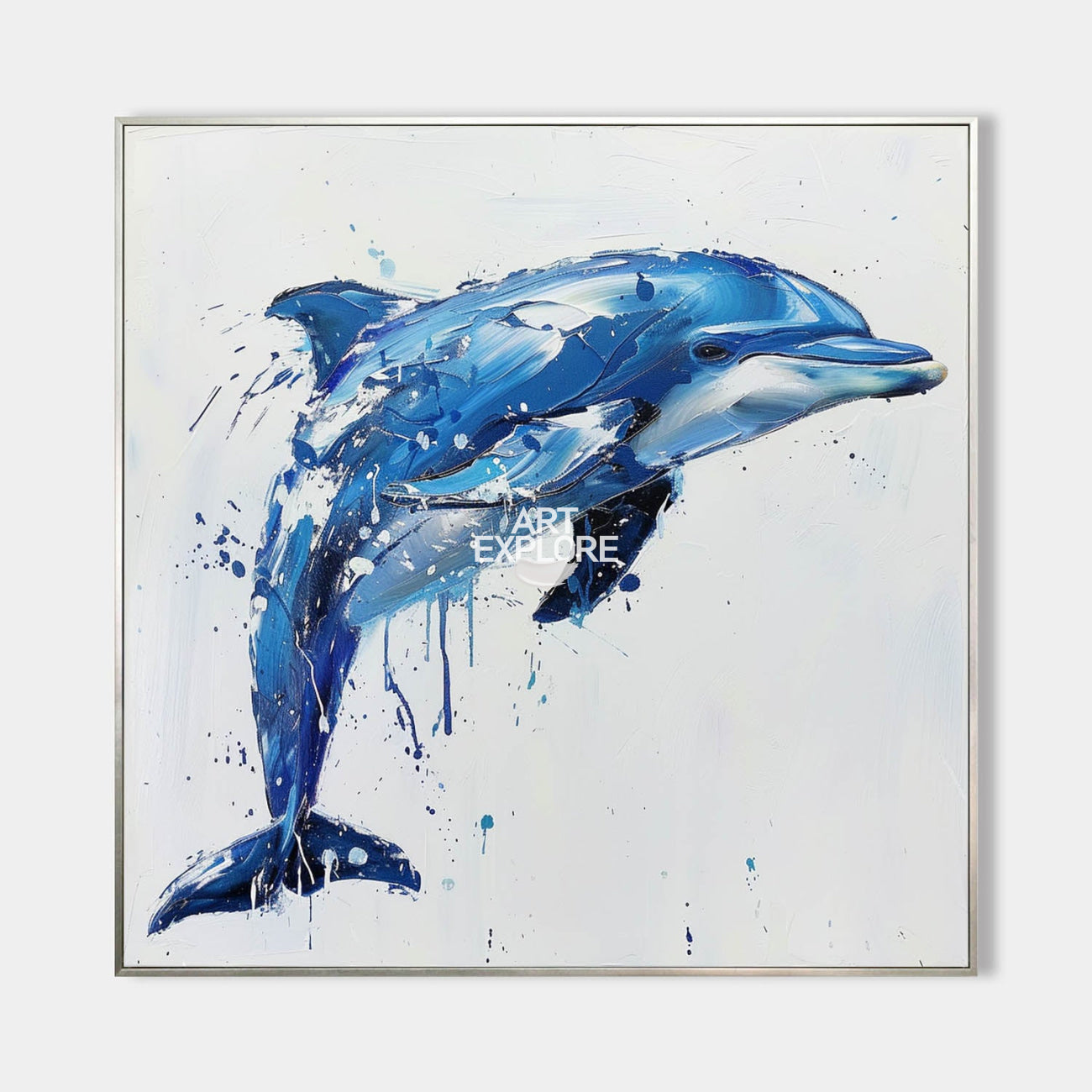 Big Blue And White Dolphin Wall Decor,Canvas Painting Of Dolphin,Cute Dolphin Painting,Blue Art Canvas For Living Room