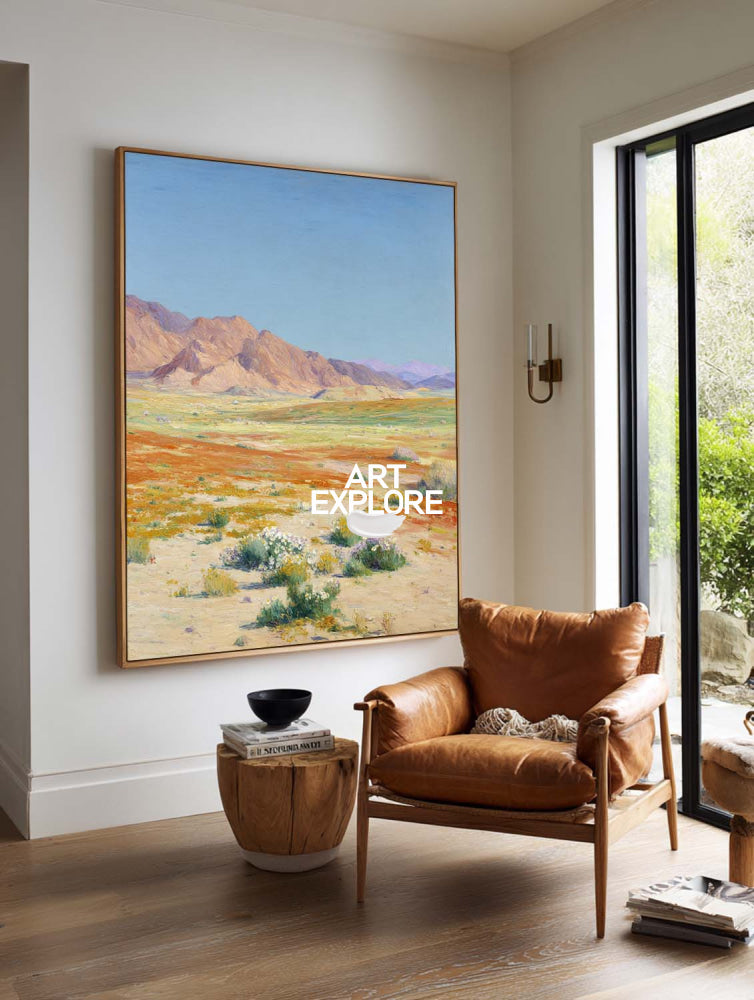 Modern Abstract Desert Mountain Landscape Painting With Wildflowers For Living Room