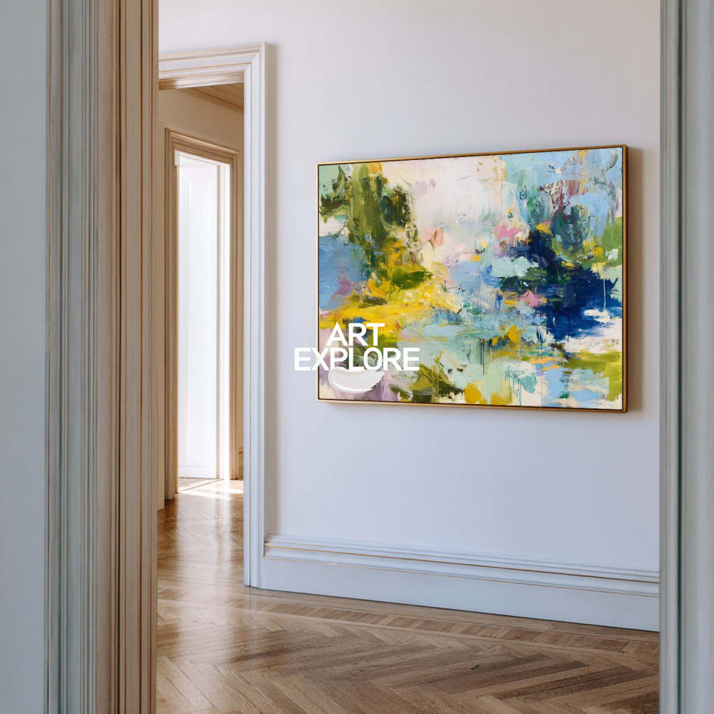 Large Abstract Impressionist Painting With Blue And Yellow Tones For Modern Living Room Decor