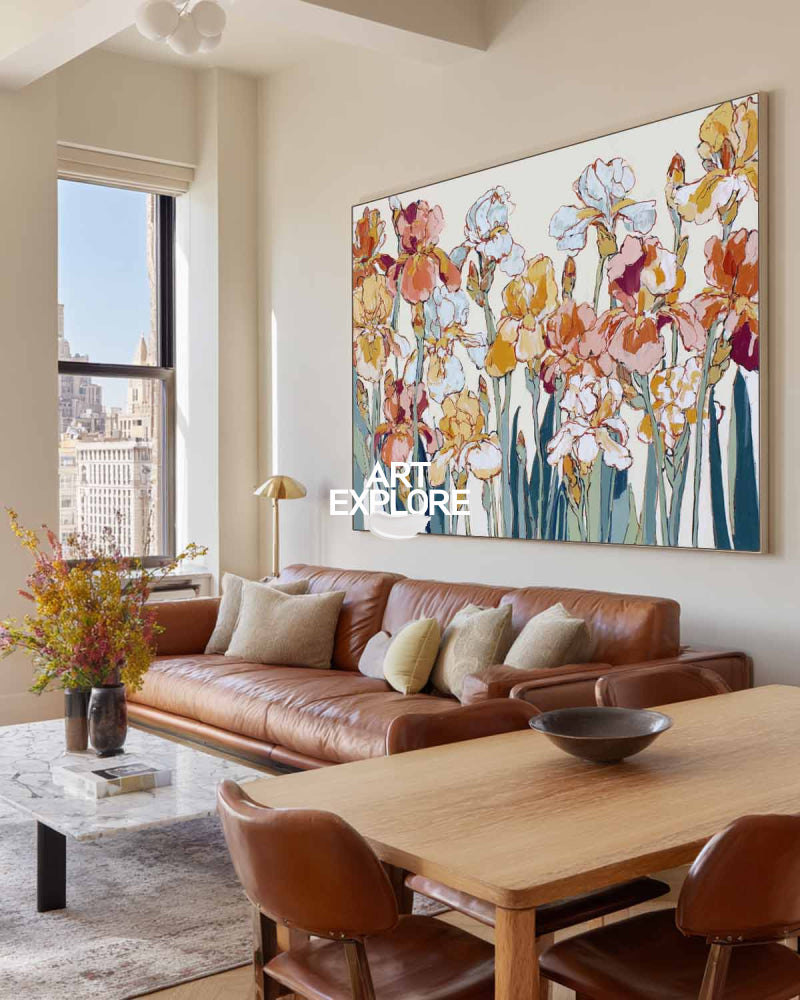 Modern Abstract Floral Art Painting With Teal Stems For Living Room Decor