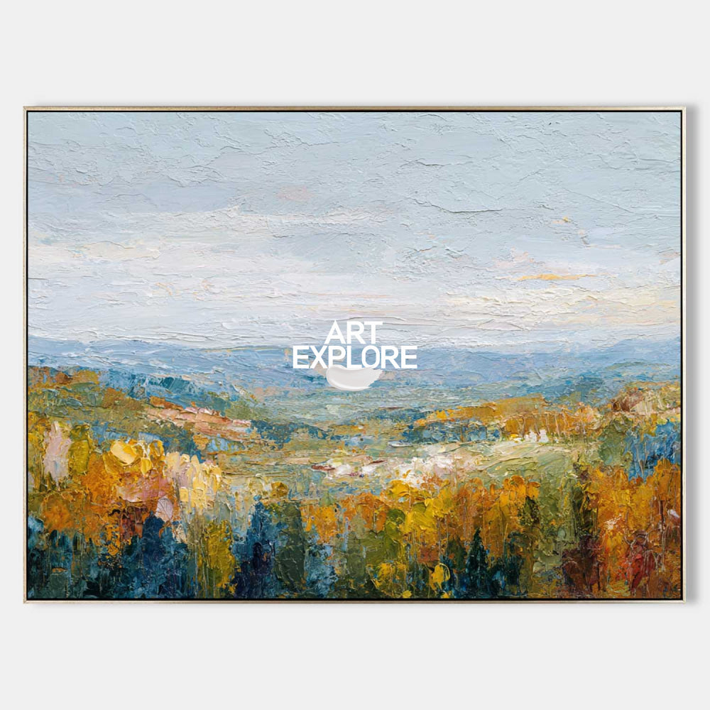 Original Impressionist Nature Art With Golden Autumn Hills And Sky