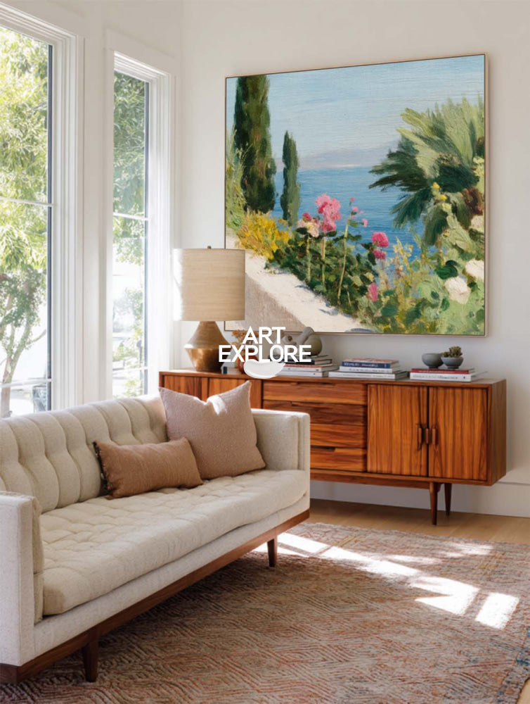 Modern Mediterranean Floral Seascape Painting With Pink Roses And Blue Ocean View For Living Room Decor