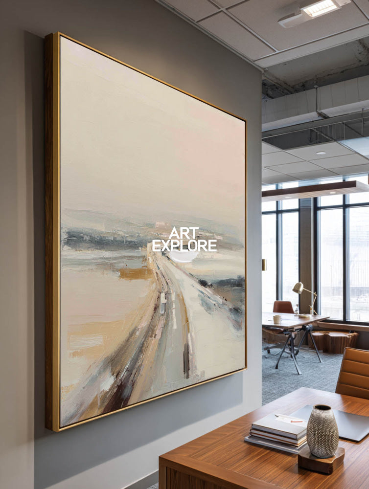 Modern Abstract Road Painting Textured Beige And Grey Square Canvas Art For Living Room