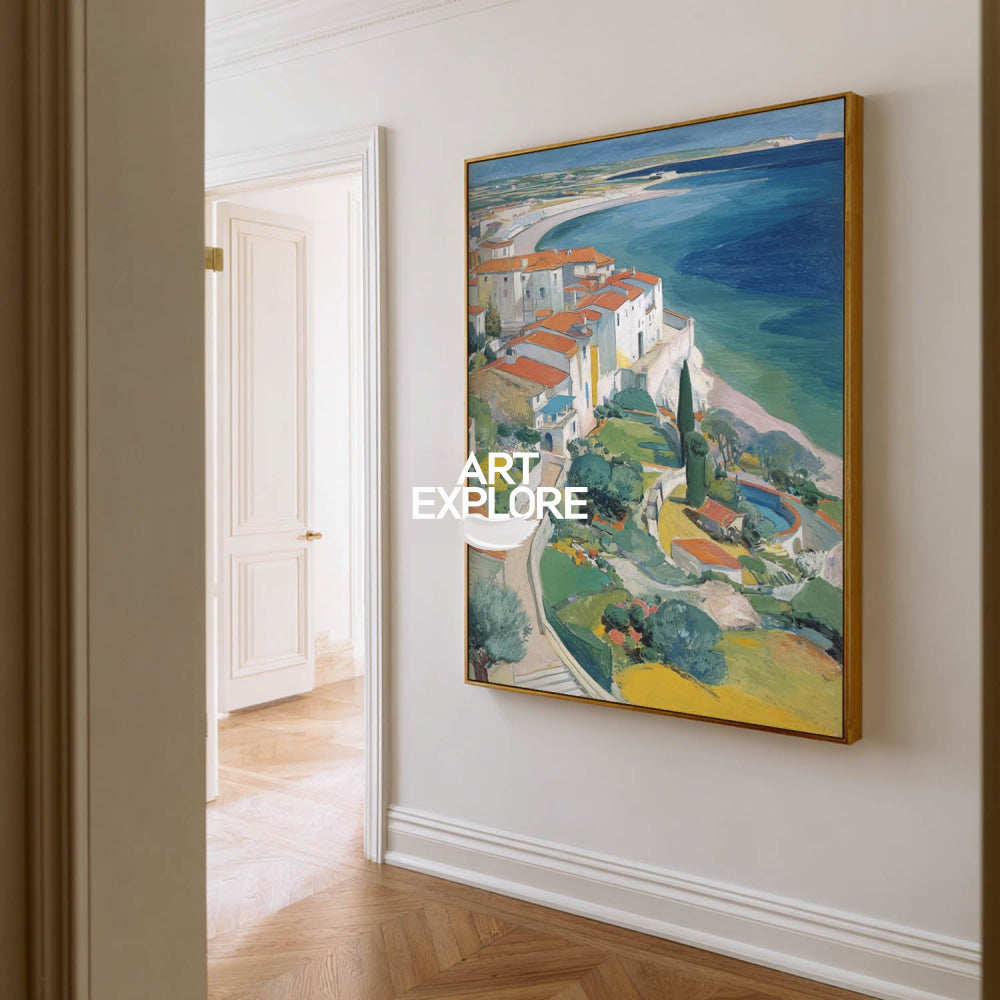 Abstract Coastal Town Seascape Oil Painting On Linen Canvas For Modern Home Decor