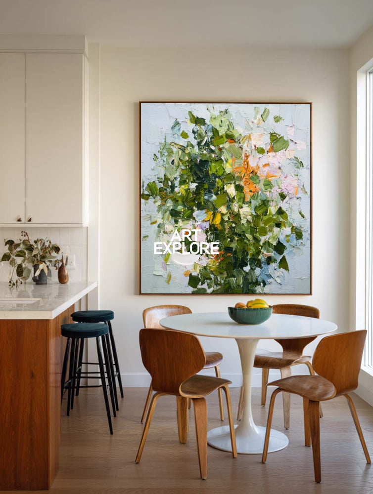 Abstract Green Floral Oil Painting On Linen Canvas For Modern Home Decor