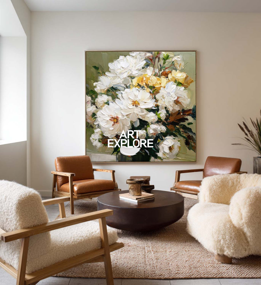 Textured White Peony Bouquet Painting Modern Floral Art For Living Room Decor