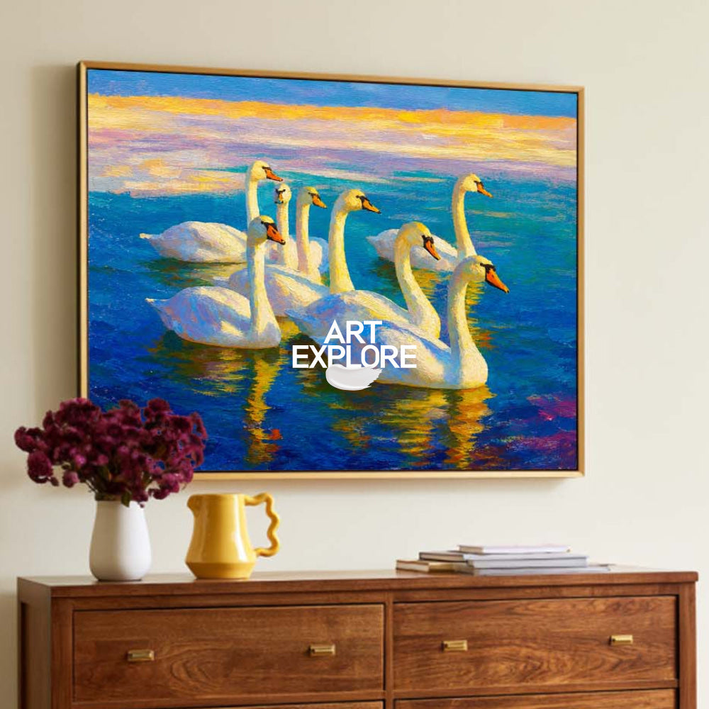Original Oil Painting Of Swans On Blue Water With Gold Sunset Glow