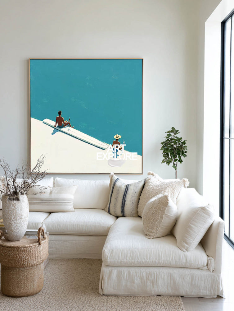 Abstract Coastal Summer Art With Turquoise Sea And Relaxing Figures For Modern Home Decor