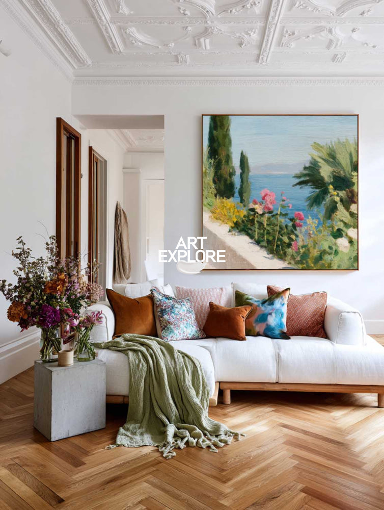 Modern Mediterranean Floral Seascape Painting With Pink Roses And Blue Ocean View For Living Room Decor