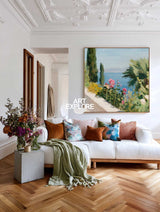 Modern Mediterranean Floral Seascape Painting With Pink Roses And Blue Ocean View For Living Room Decor
