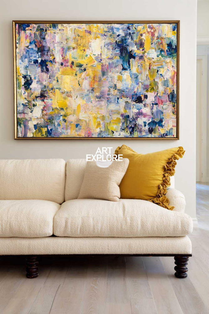 Modern Abstract Oil Painting With Yellow Blue Purple For Living Room Decor