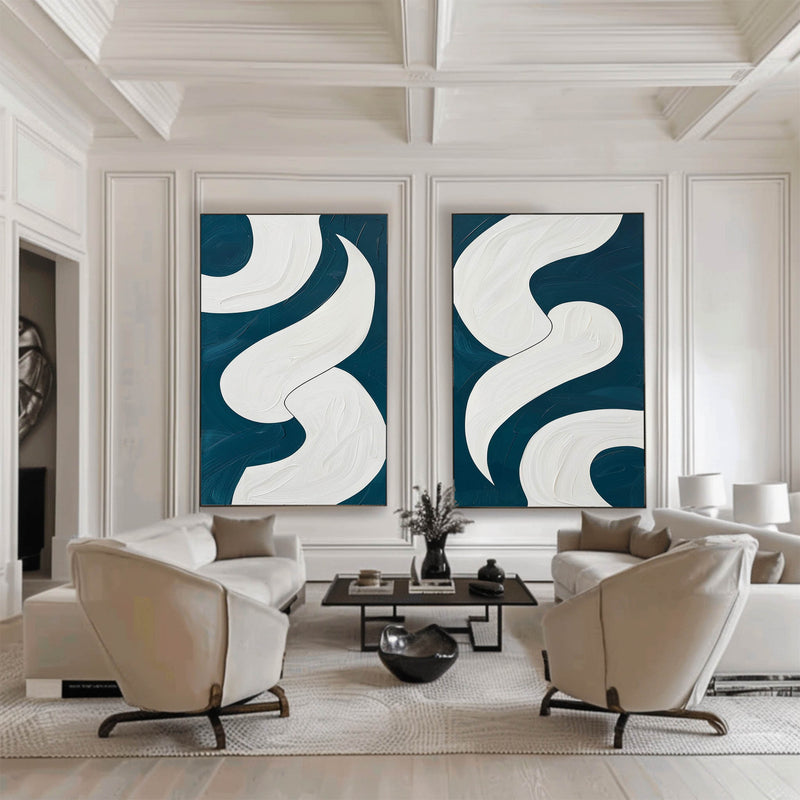 Abstract Turquoise And White Framed Wall Art Set Of 2 Geomet Shapes Painting Modern Oil Art Custom Canvas Paintings 