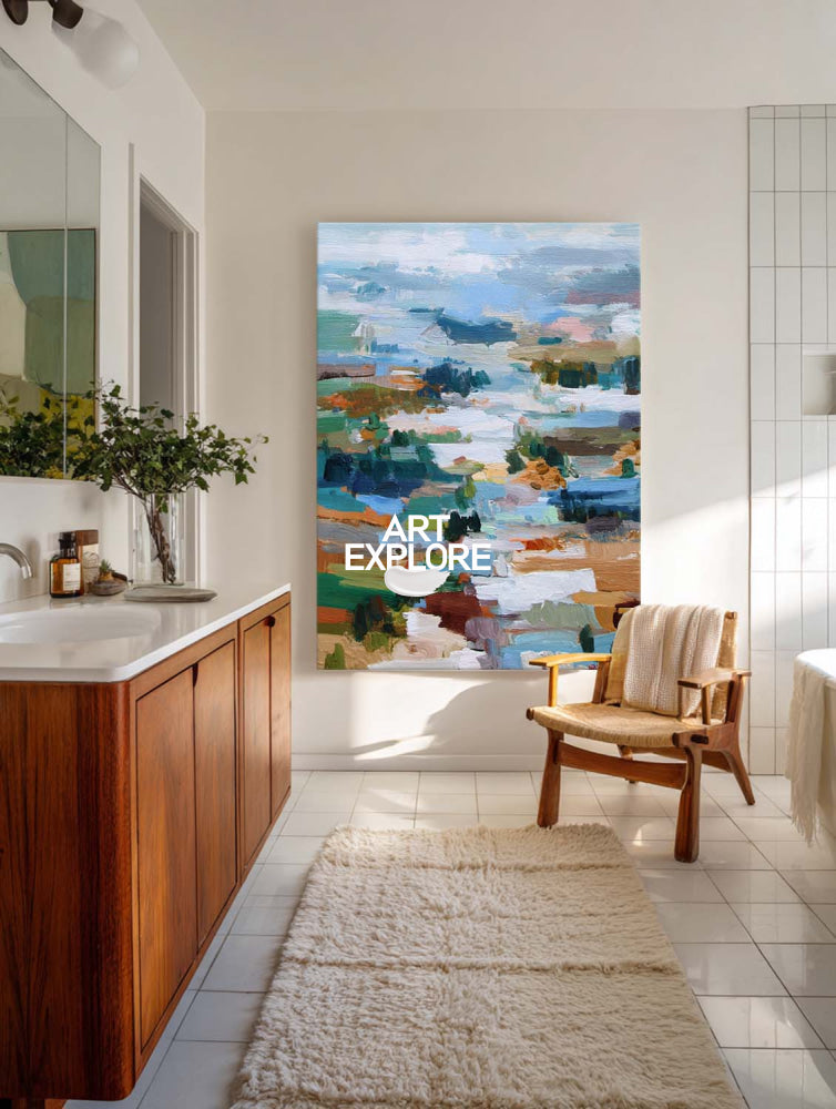 Original Abstract Landscape Oil Painting With Mosaic Patchwork Effect For Modern Home Decor