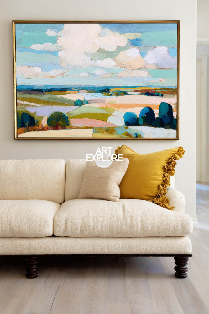 Contemporary Textured Landscape Painting With Blue Green Fields For Modern Home Decor