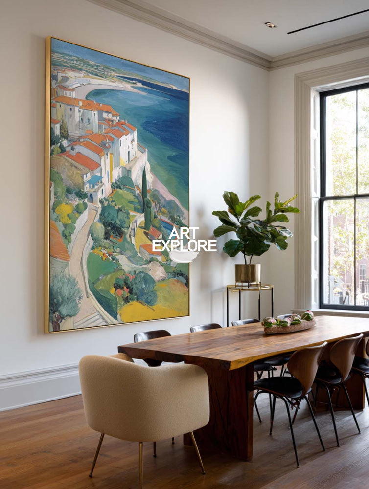 Abstract Coastal Town Seascape Oil Painting On Linen Canvas For Modern Home Decor