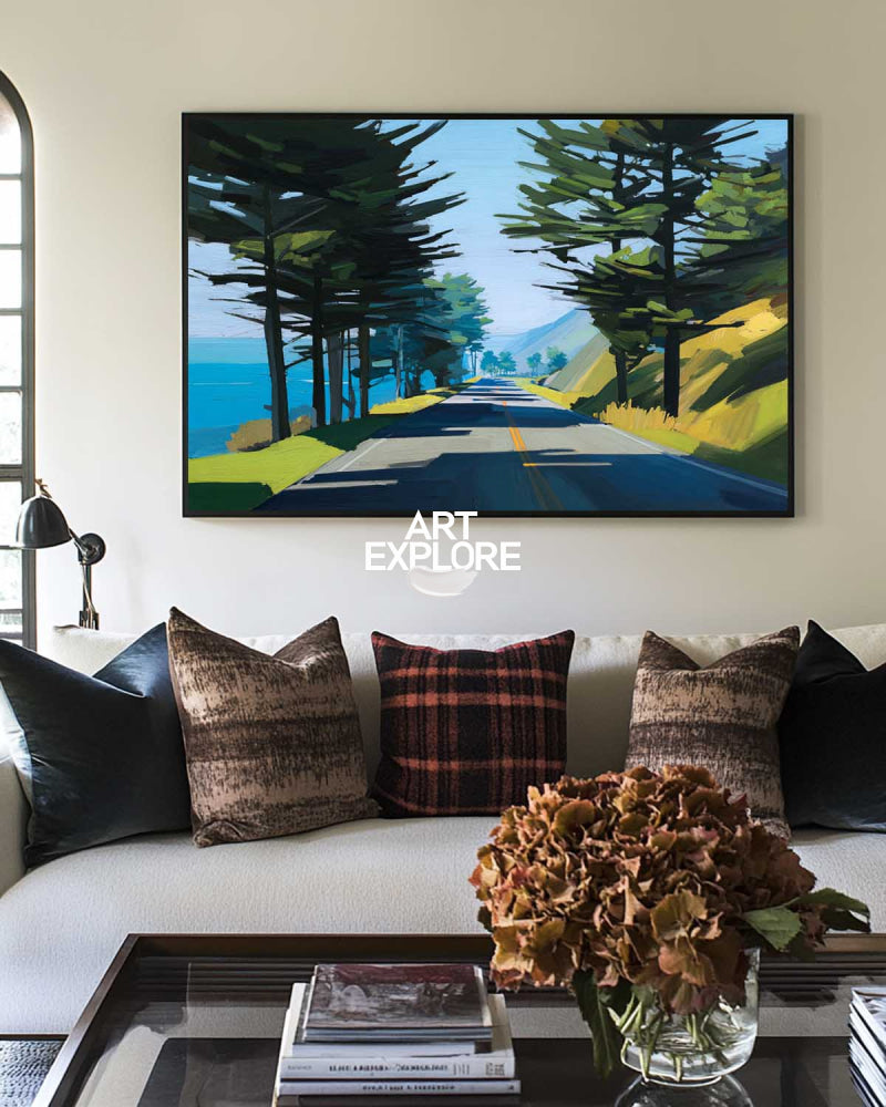 Abstract Coastal Highway Landscape Painting With Blue Green Tones For Modern Home Decor