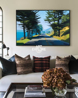 Abstract Coastal Highway Landscape Painting With Blue Green Tones For Modern Home Decor