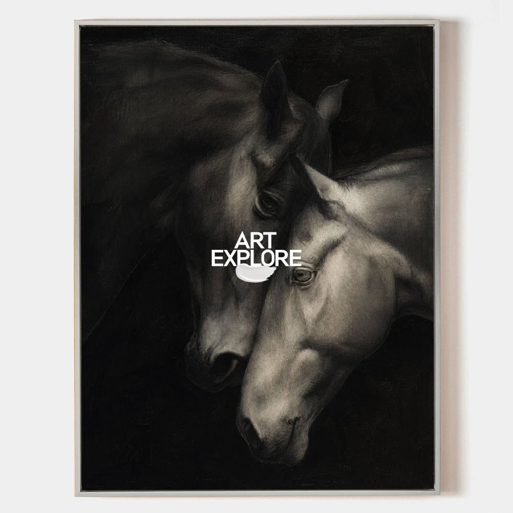 Luxury Black White Horse Art Signed Original Piece For Home Office Entryway