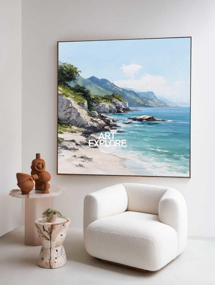 Modern Coastal Landscape Painting With Mountains And Sea For Living Room Decor