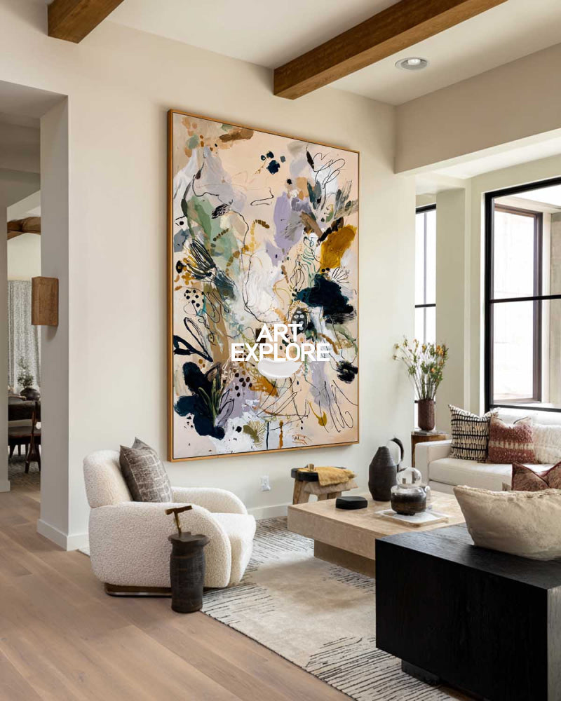 Contemporary Abstract Art Painting In Beige And Gold For Modern Living Room Decor