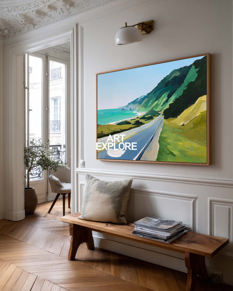 Abstract Coastal Road Landscape Painting With Ocean View For Modern Living Room Decor
