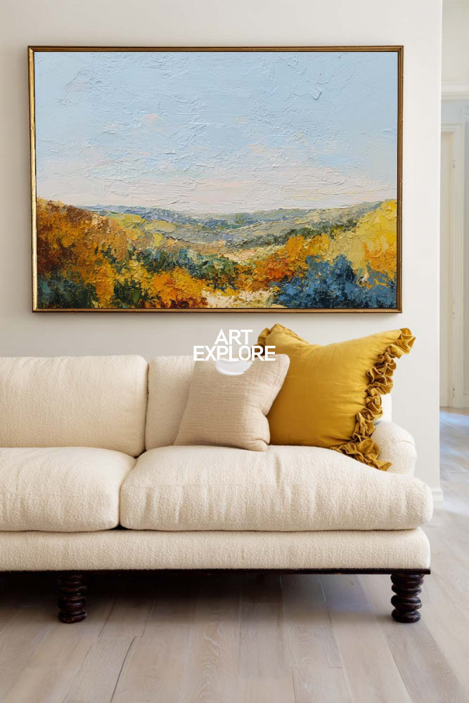 Textured Mountain Landscape Oil Painting With Golden Autumn Colors For Modern Home Decor