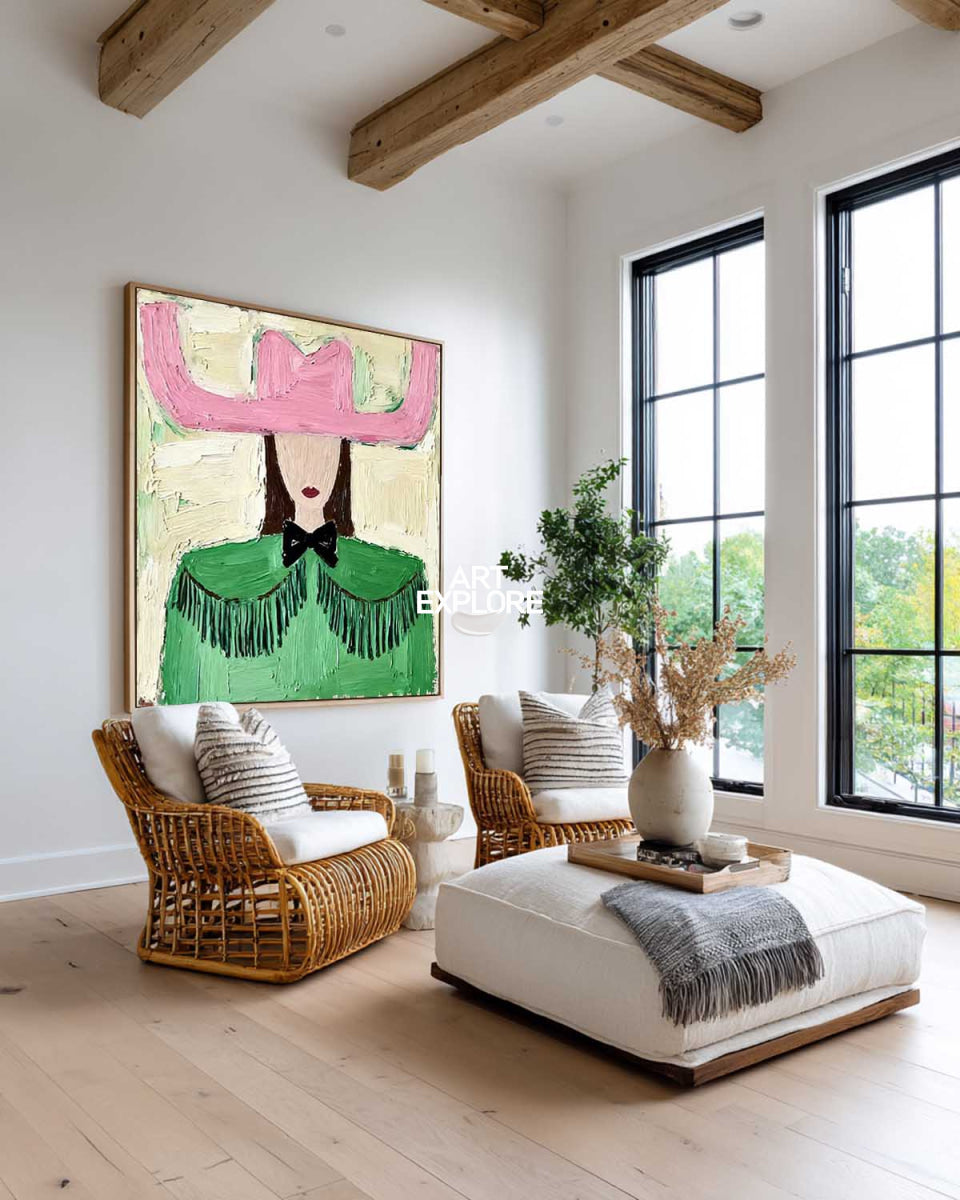 Charming Folk Art Painting With Pink Hat And Green Shawl For Modern Home Decor