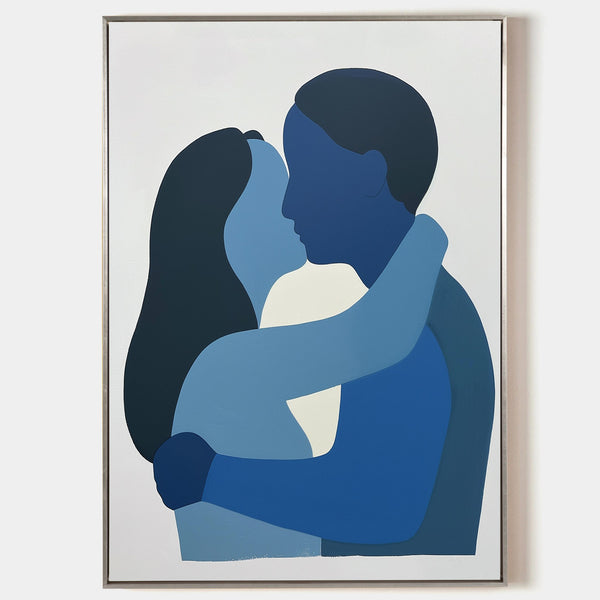 Large Loving Couple Canvas Painting Blue Minimalist Kissing Lovers Painting Modern Portrait Wall Art