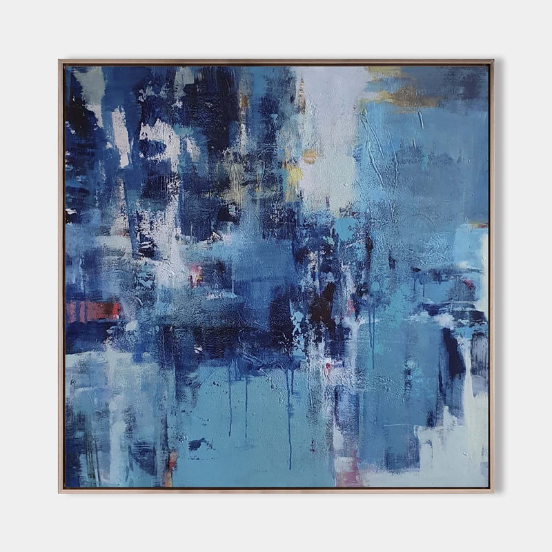 Large Blue Square Abstract Art Modern Blue Painting Abstract Framed Canvas Painting 