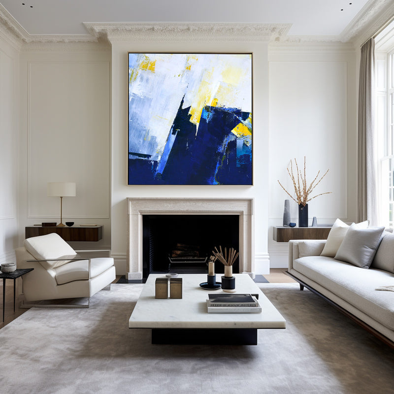 Original Blue And Yellow Abstract Art Extra Large Abstract Squares  Canvas Painting