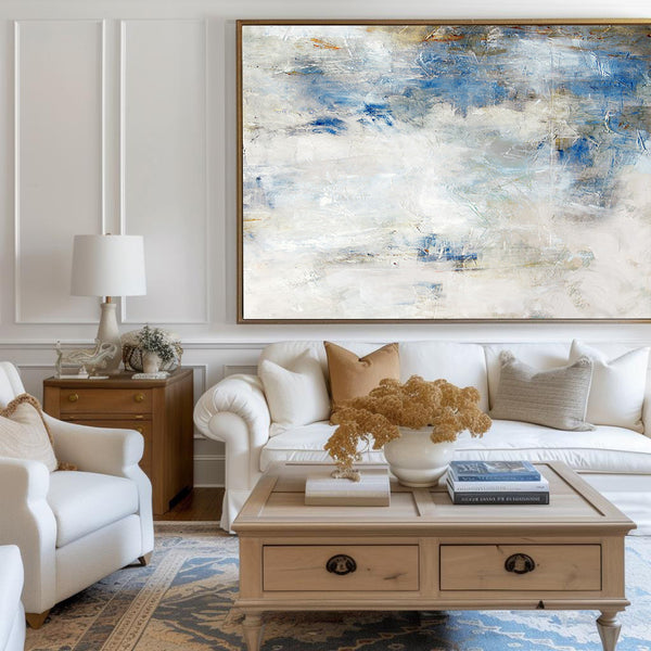 Blue And White Abstract Minimalist Art Horizontal Contemporary Abstract Painting