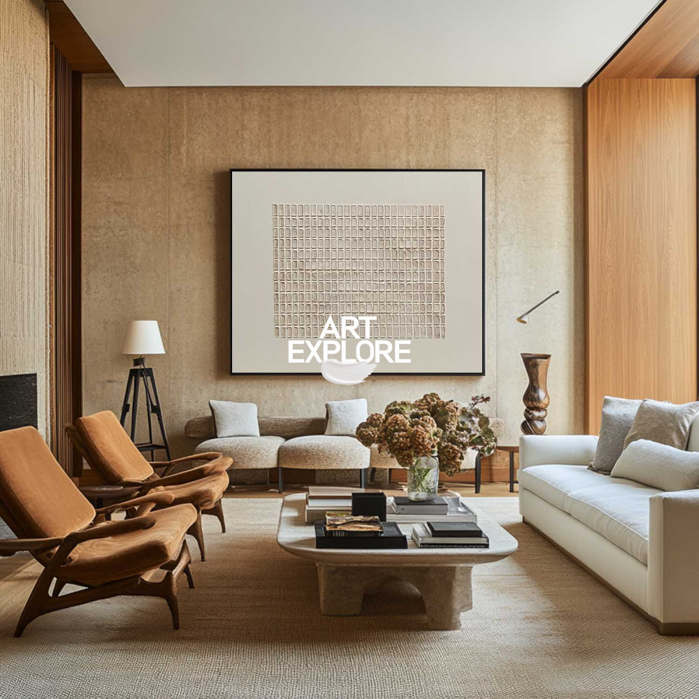 Original Wabi Sabi Art Beige Geometric Textured Painting For Modern Home Decor