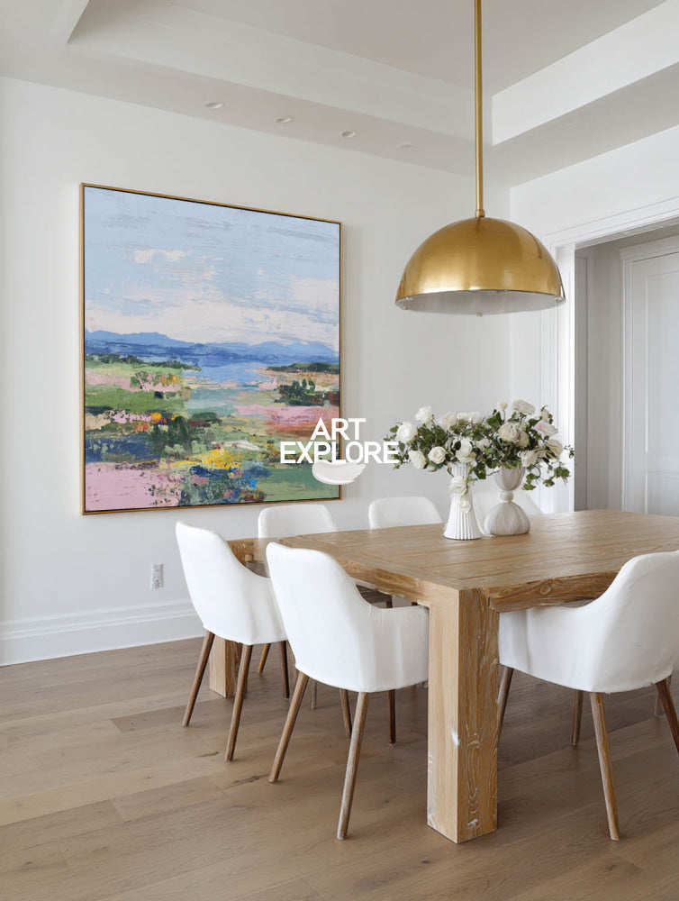 Modern Textured Landscape Painting With Colorful Meadow For Contemporary Home Decor