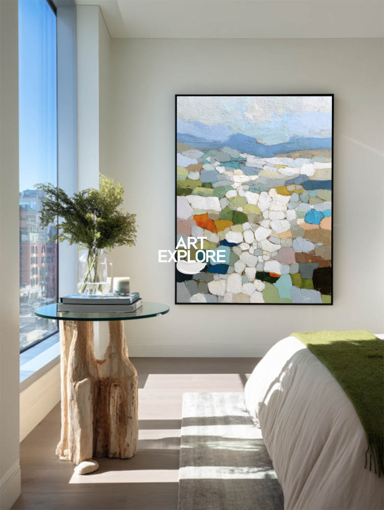 Mosaic Landscape Oil Painting With Textured Brushwork For Modern Living Room Decor