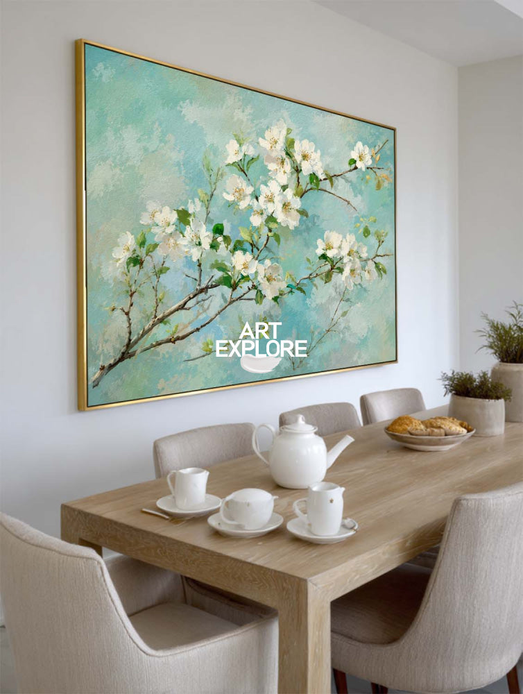 Abstract Impressionist Oil Painting Of Spring Flowers In Green And Blue Tones For Bedroom Wall Art