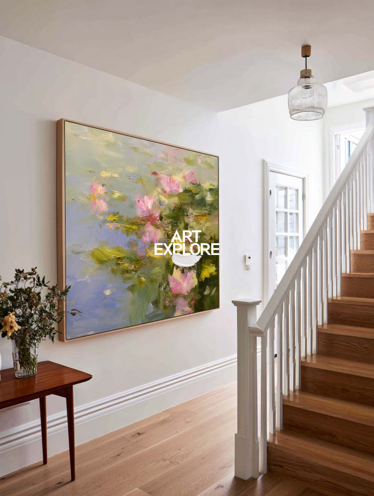 Modern Abstract Lotus Painting With Textured Brushwork For Elegant Home Decor