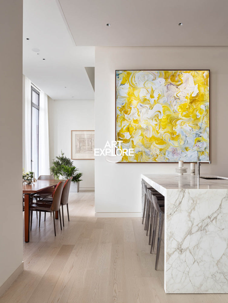 Vibrant Yellow Abstract Painting For Modern Living Room With Dynamic Brushstrokes