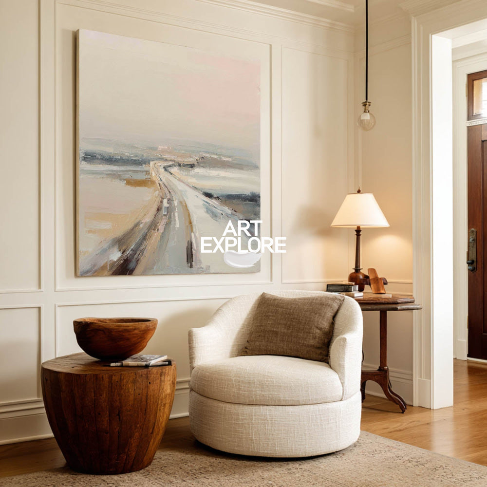 Modern Abstract Road Painting Textured Beige And Grey Square Canvas Art For Living Room