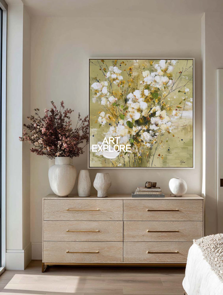 Modern Abstract Floral Painting With Gold Accents For Living Room Decor