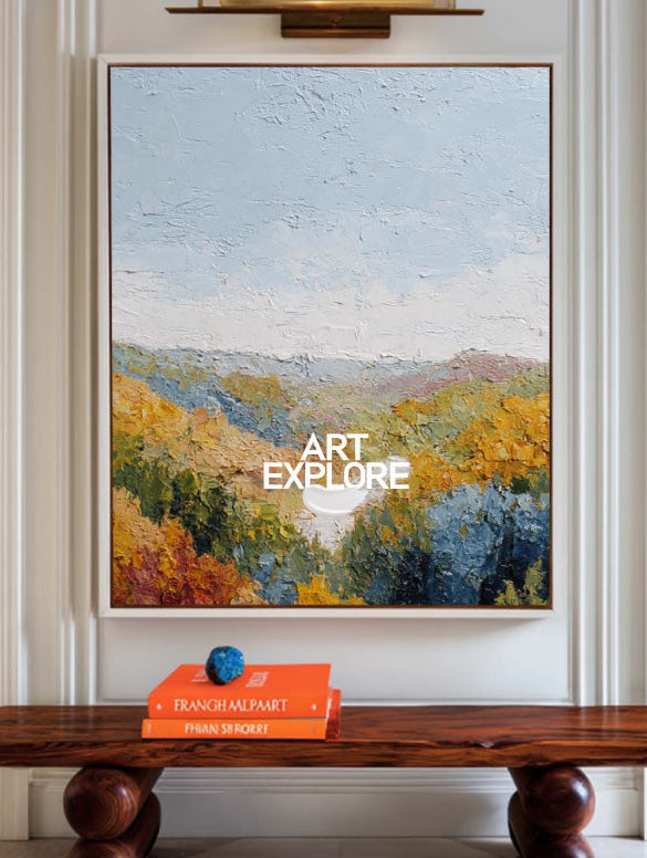 Modern Textured Landscape Canvas Print With Warm Autumn Colors For Office Decor