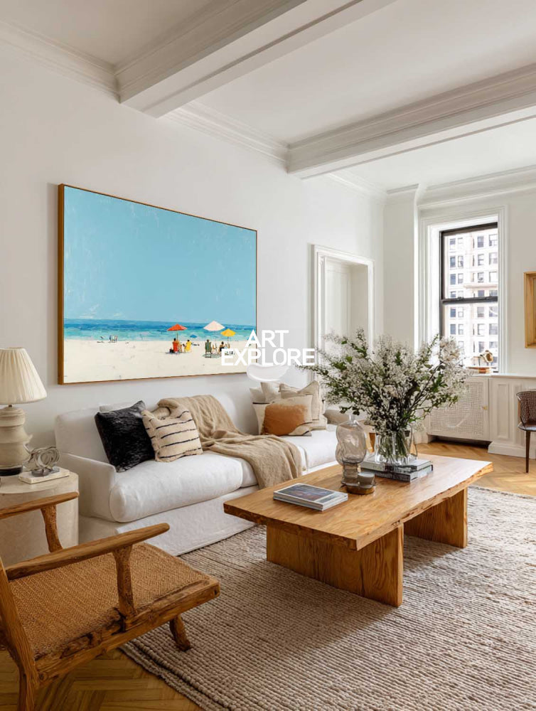 Abstract Beach Seascape Painting With Blue Sky And Umbrellas For Coastal Home Decor